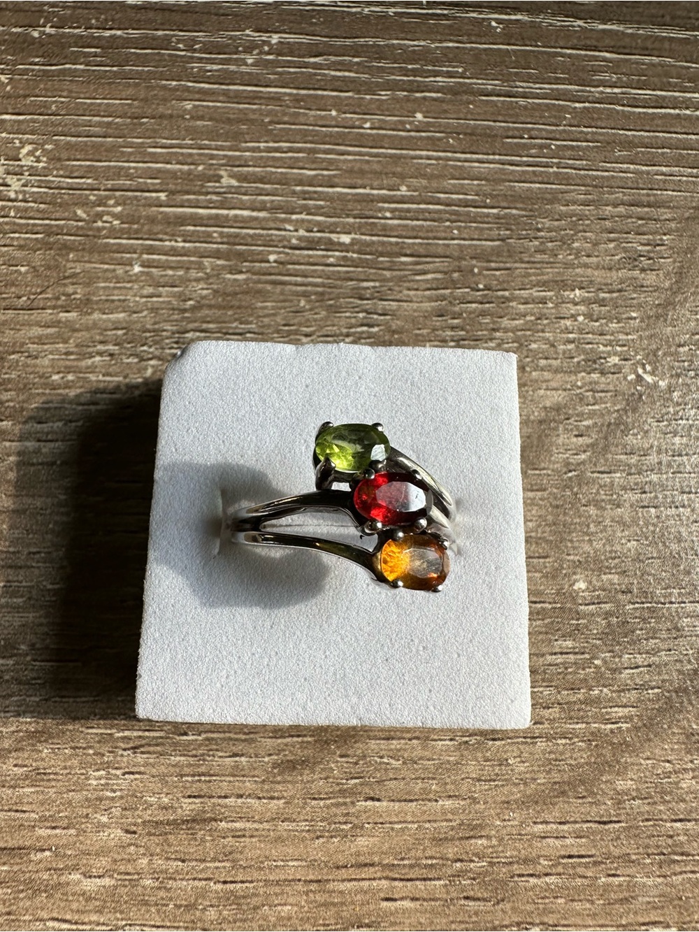 Sterling Silver Triple-Gem Ring in Green, Red & Orange size 7.75
